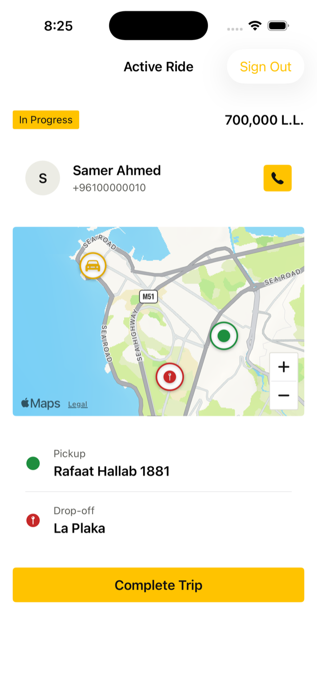 RaadTaxi driver active ride screen — rider's name and phone with a call button, live map, and Complete Trip button