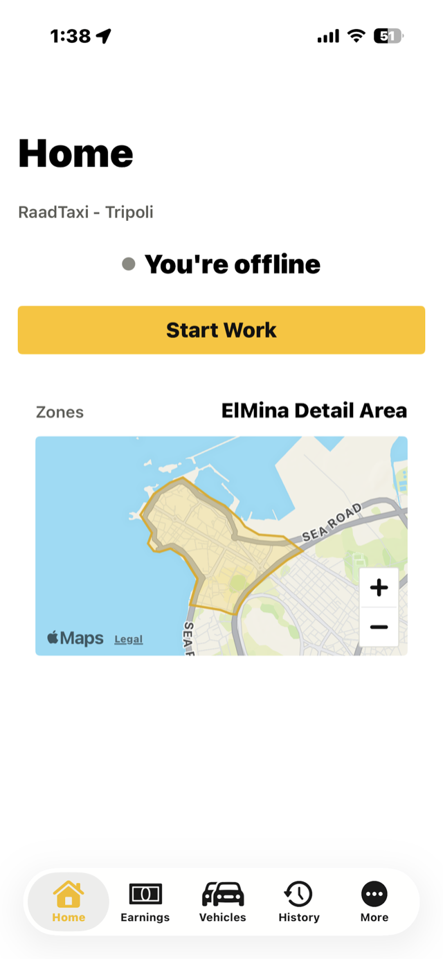 RaadTaxi driver home screen showing the driver's zone map and Start Work button