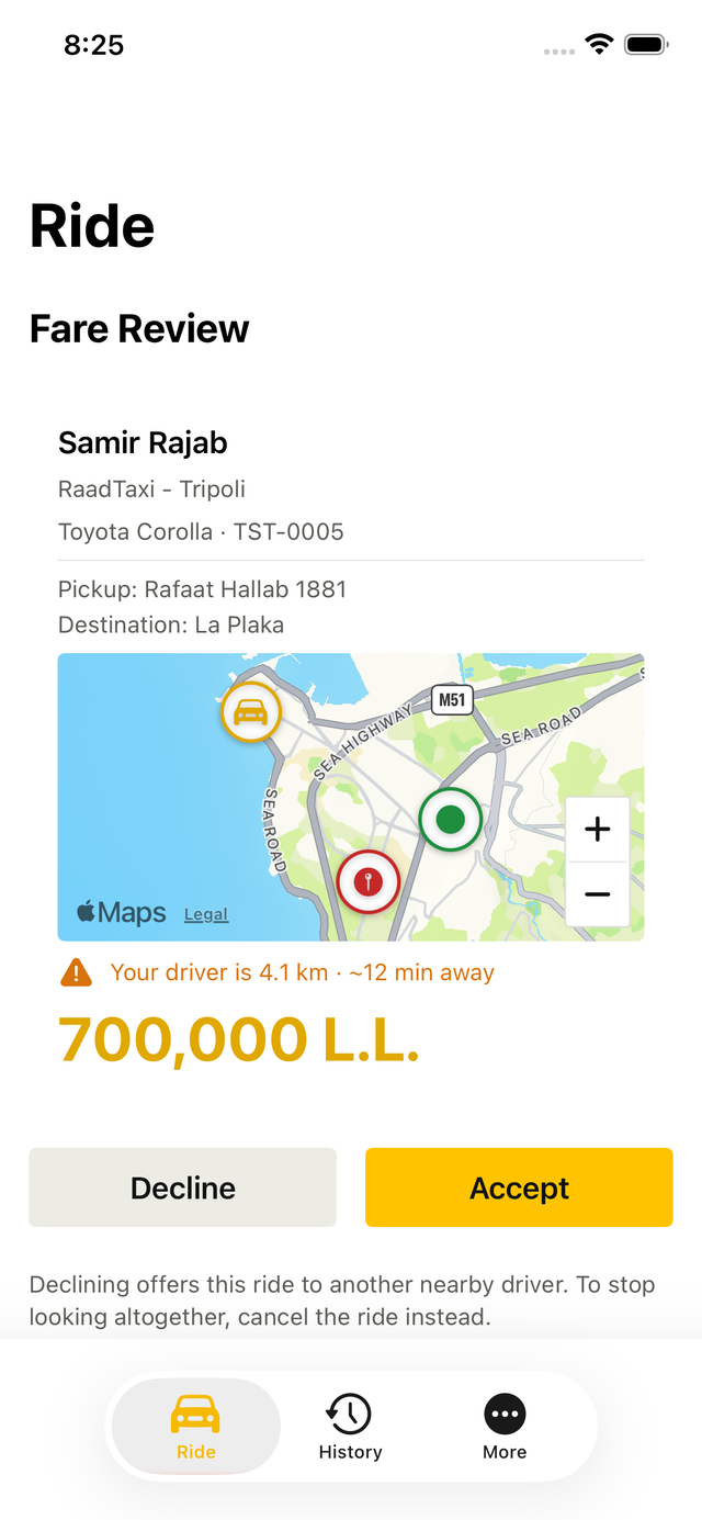 RaadTaxi fare review screen — the driver's name, vehicle, distance away, and quoted fare with Accept and Decline buttons