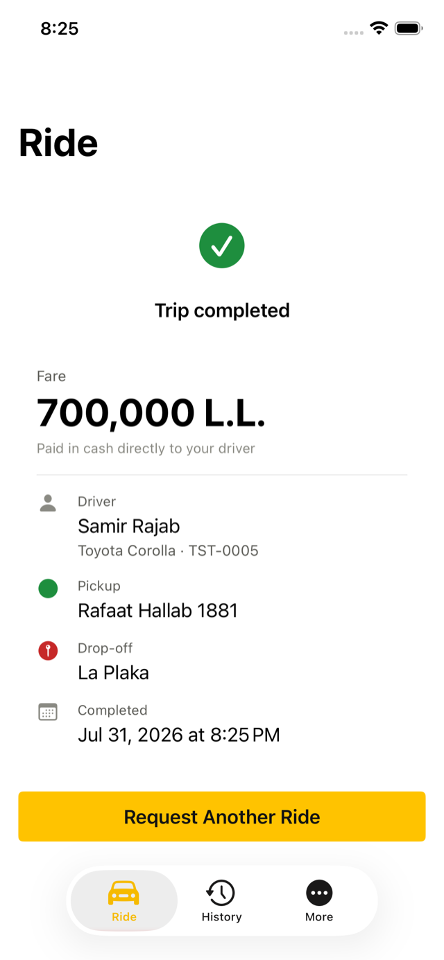 RaadTaxi trip receipt — fare paid in cash, driver, pickup, drop-off and completion time