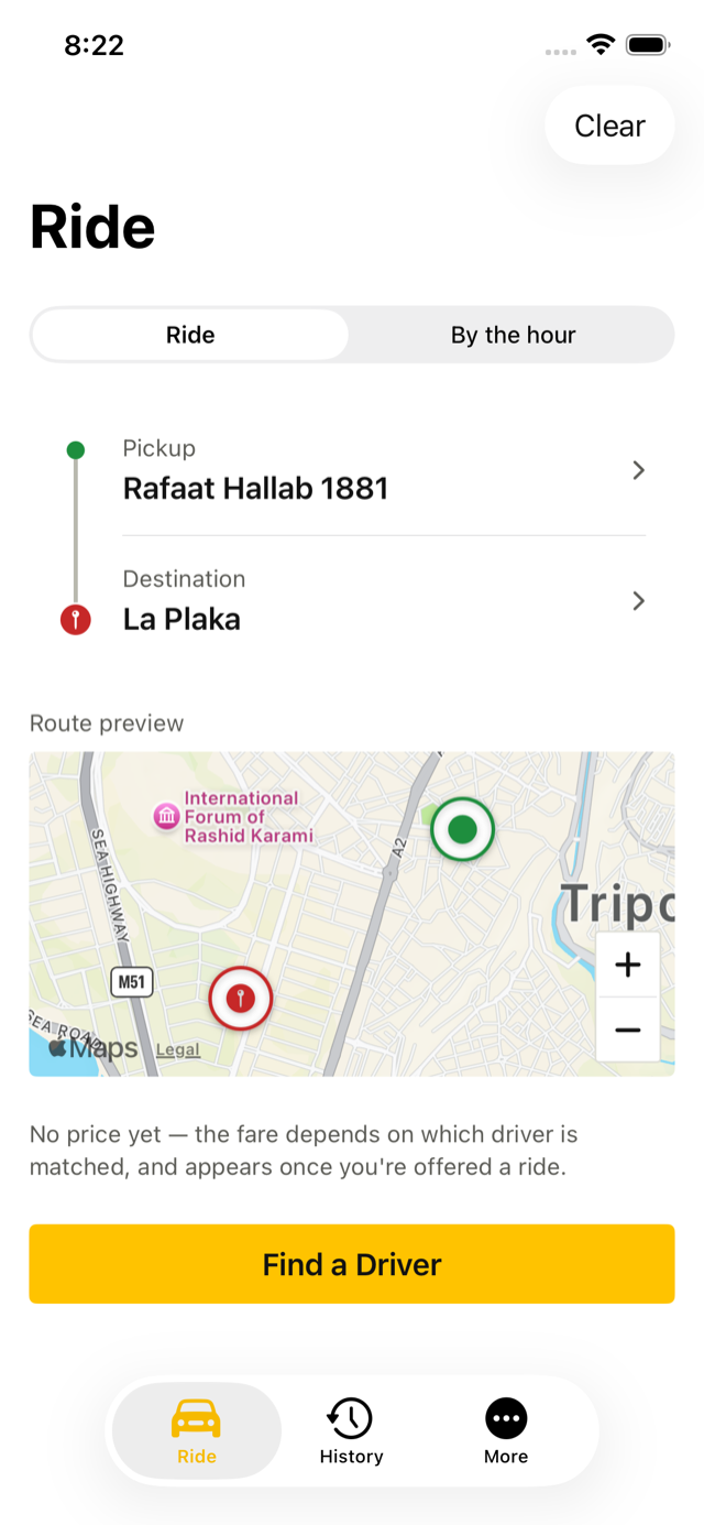 RaadTaxi ride request screen with pickup, destination and route preview