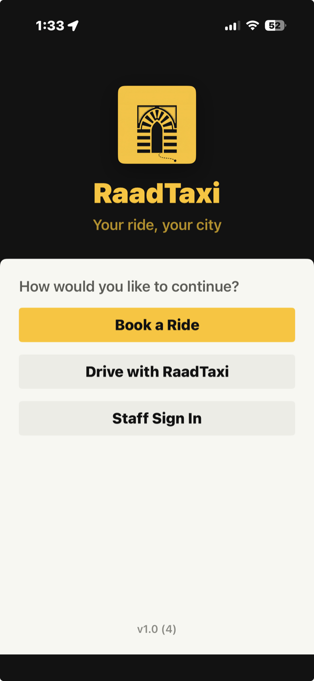 RaadTaxi welcome screen — Book a Ride or Drive with RaadTaxi
